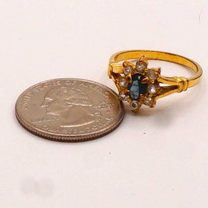 Vintage Blue Solitaire and White Halo Glass or Semi-Precious Stone Goldtone Ring